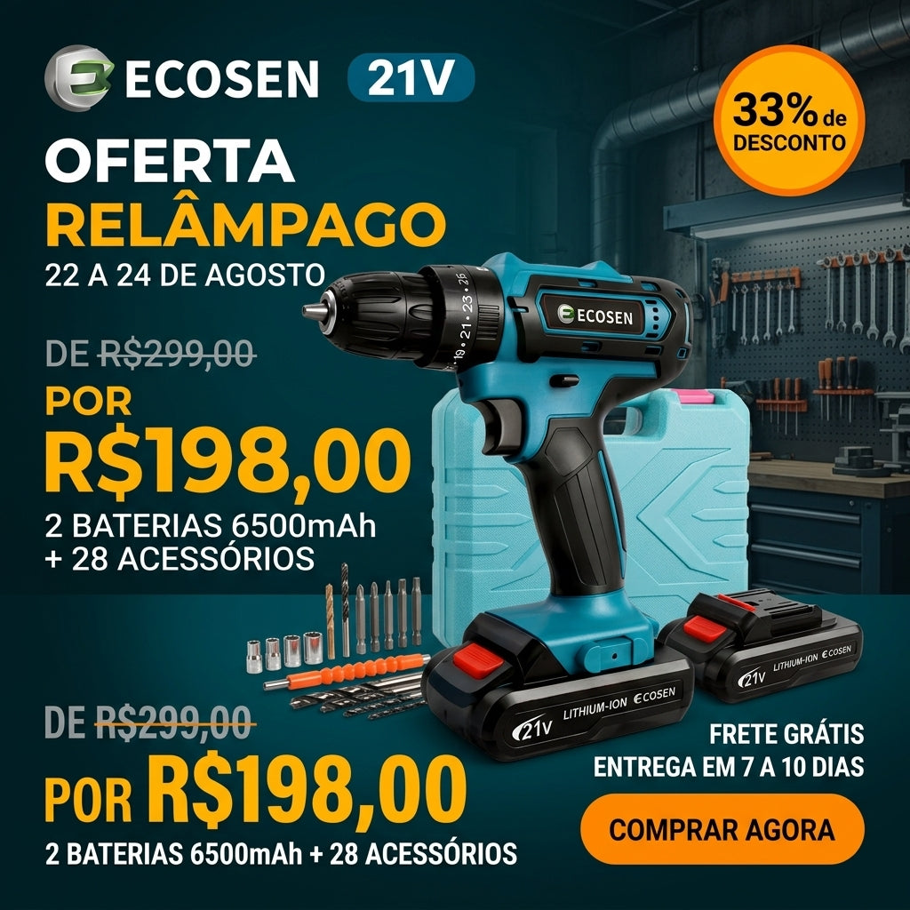 FURADEIRA E PARAFUSADEIRA  COM 2 BATERIAS E 28 PONTAS
